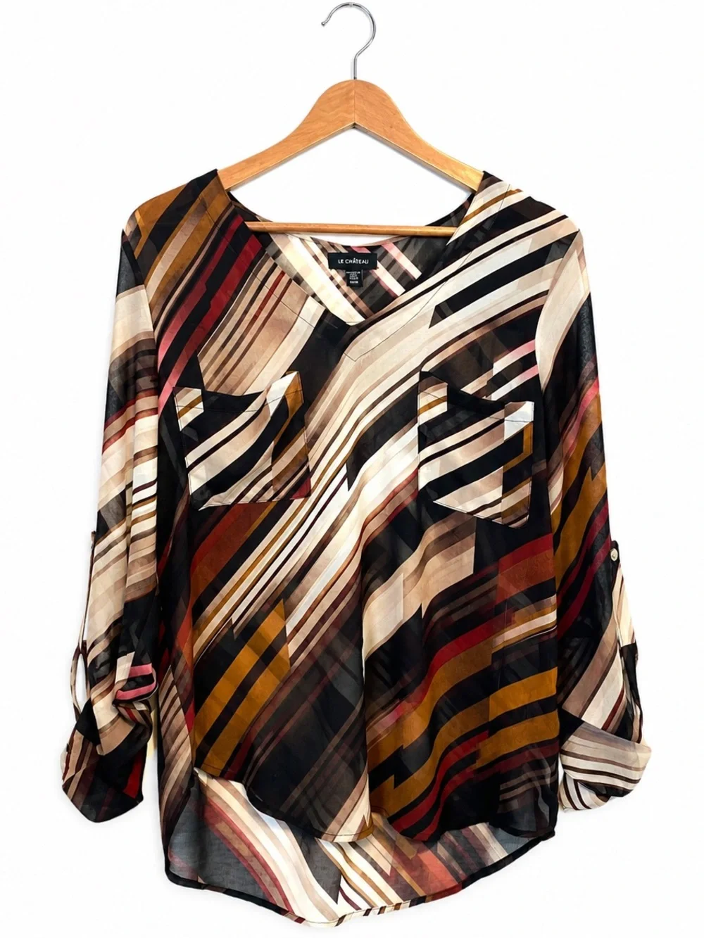 La Château Abstract Sheer Blouse Medium | Roll Tab Sleeve Career Chic Top - Picture 8 of 8